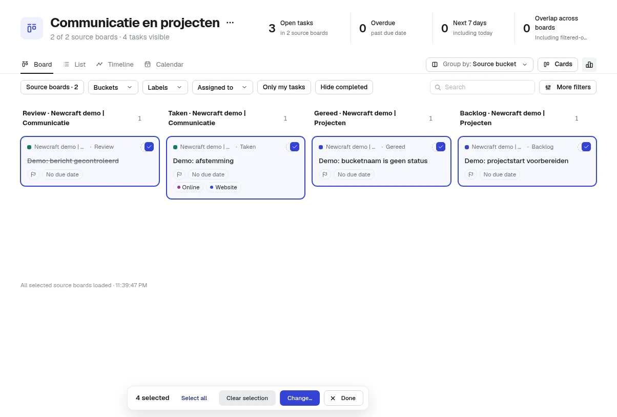 Heliview-bord met vier geselecteerde taken uit twee Planner-borden en onderaan de balk met 4 geselecteerd, Alles selecteren, Selectie wissen en Wijzigen