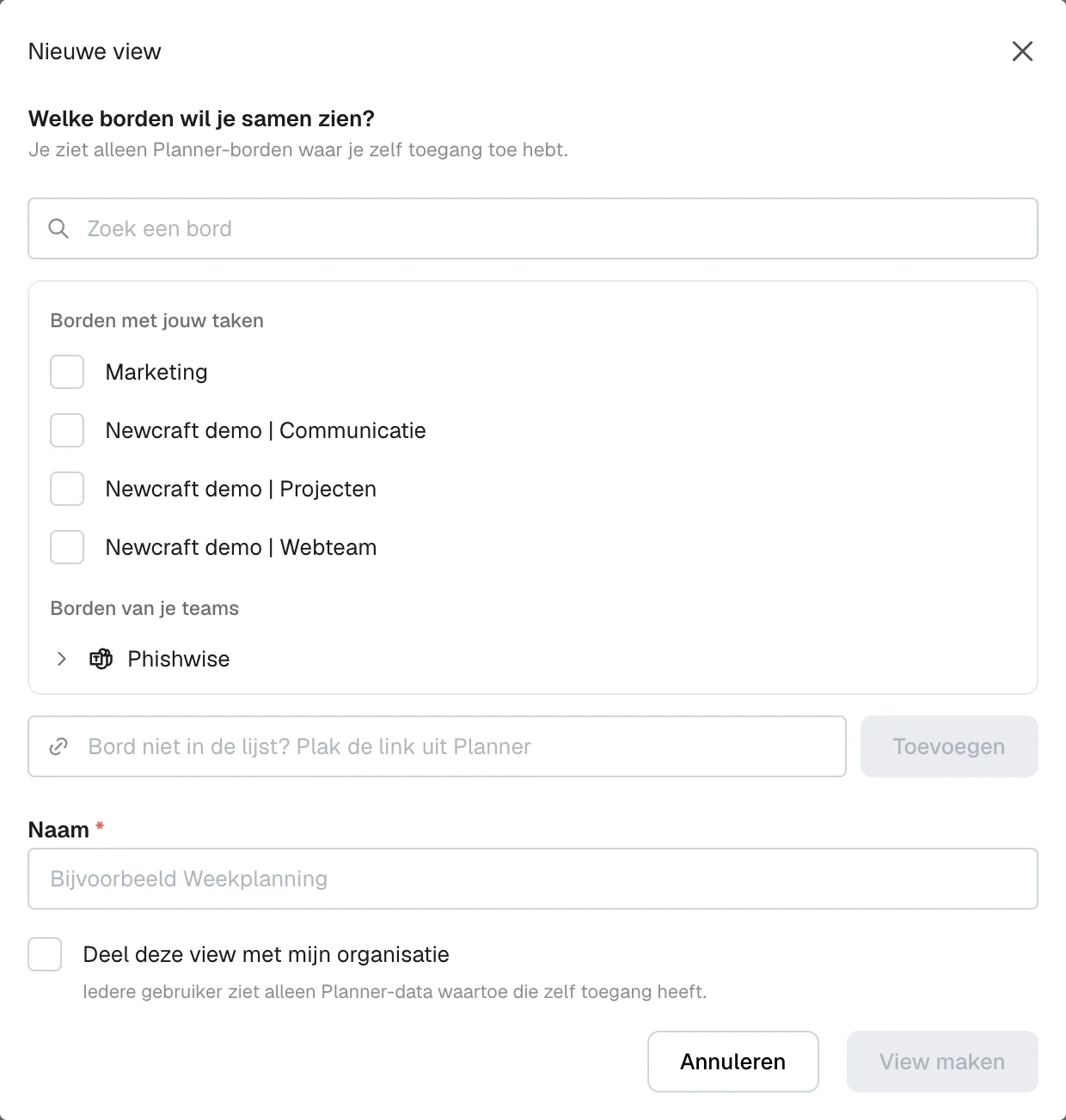 Nieuwe view in Heliview met een naam, gekozen Planner-borden en de optie om met de organisatie te delen